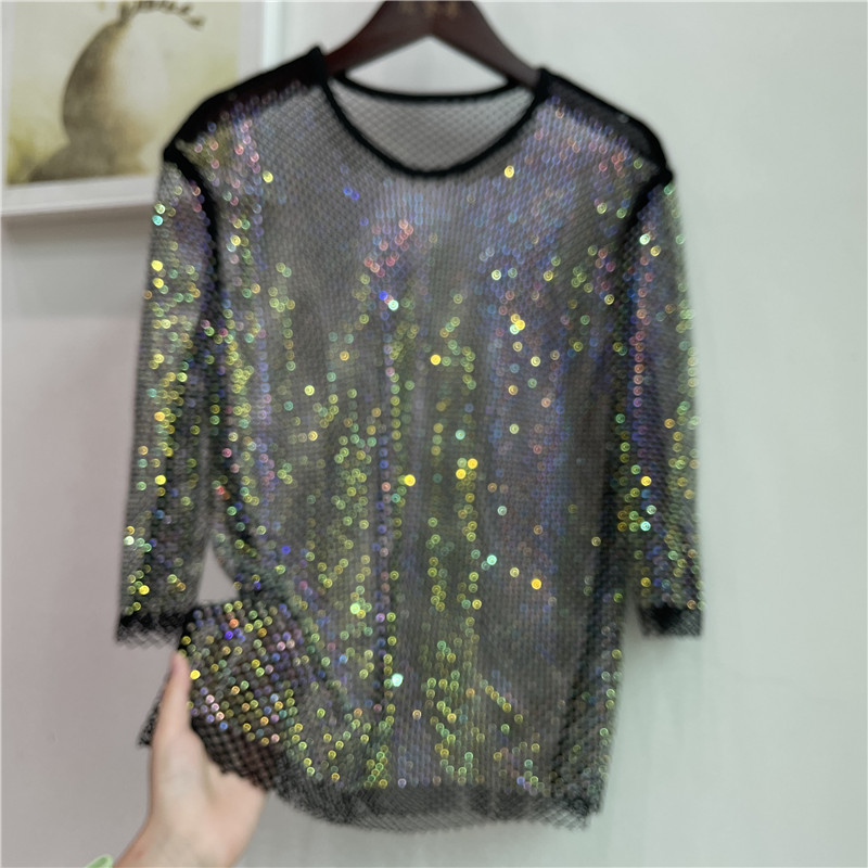 Crystal Mesh Fabric - ColorShiny Diamonds 전기 음절 기본 셔츠